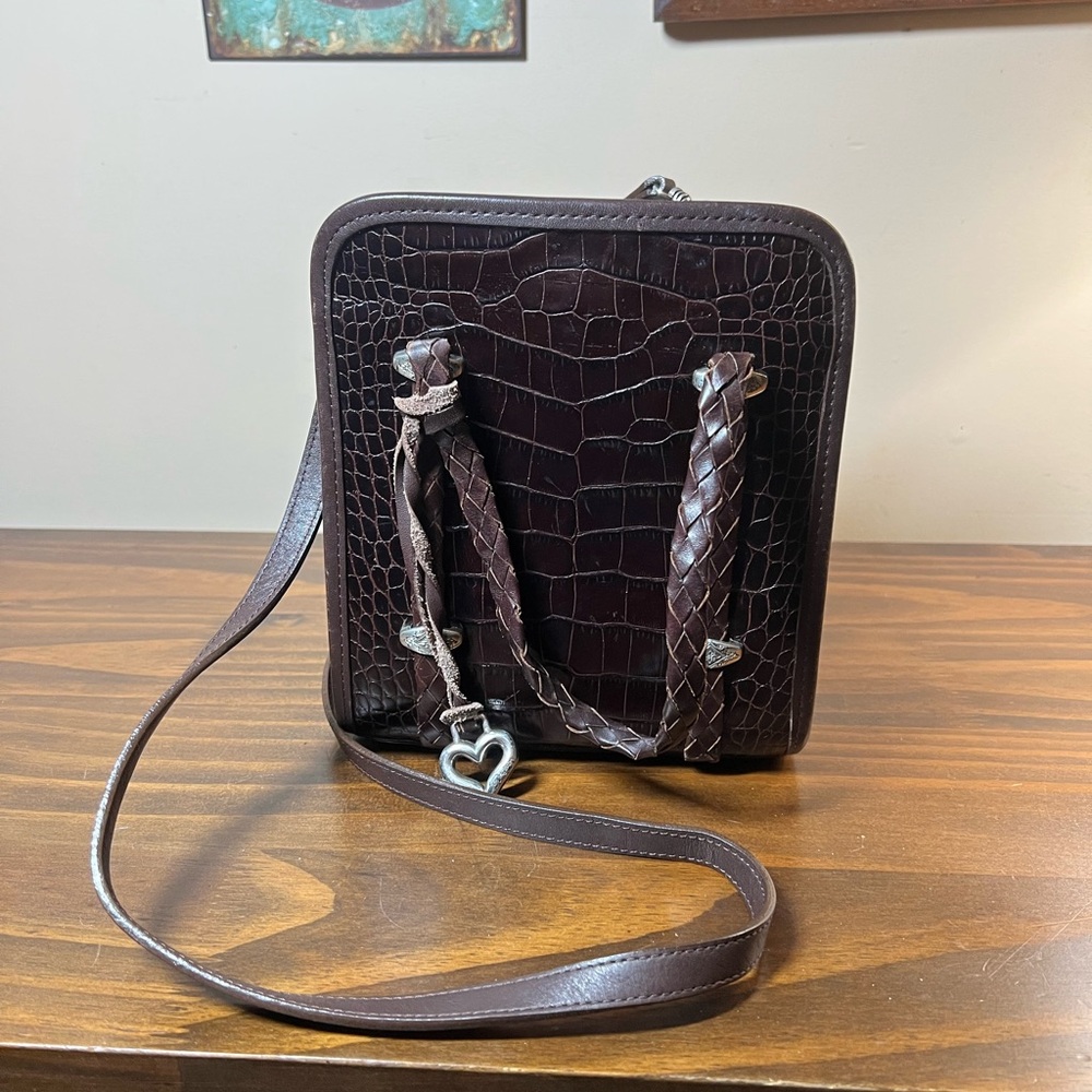 Brighton Brown Croc Embossed Leather Woven Handles Small Shoulder Bag Purse
